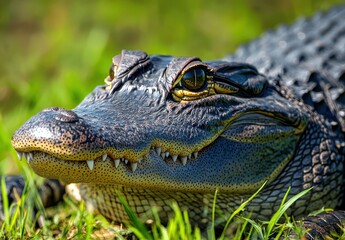 Fototapeta premium Close-Up of a Majestic Crocodile with Intricate Details Showcasing Sharp Teeth and Luminous Eyes Against a Natural Background of Lush Green Grass