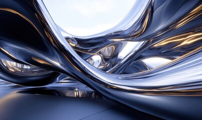 Metallic abstract architecture with curves under bright sky, for futuristic designs
