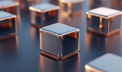 Metallic cubes on dark surface, abstract background, ideal for tech or design concepts