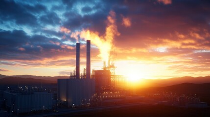 Large industrial plant with smokestacks and machinery in an outdoor setting during daylight hours