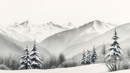 Obraz premium Crisp Winter Landscape in Ink Painting with Snow Covered Trees and Mountains