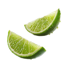 2 Slices of lime, flying floating, isolated on white background. Isolated, transparent, png.