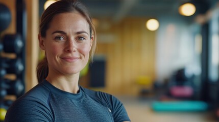 Obraz premium Confident woman in fitness studio wearing athletic attire, smiling at camera, showcasing a healthy lifestyle and dedication to physical fitness and well-being.