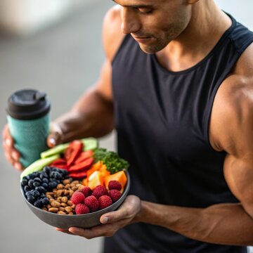 Healthy food and fitness lifestyle. 
Close-up of a muscular athlete holding energy-packed superfoods, sports nutrition essentials, performance-boosting diet.  Sports Nutrition