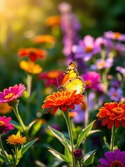  Bright Butterfly Feeding on Vibrant Garden Flowers in Morning Light
