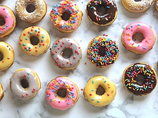 Colorful assorted donuts, top-down view, white background, sprinkles, chocolate glaze, pink frosting, yellow icing, circular pastries, neat arrangement, vibrant colors, sugary treats, bakery display.