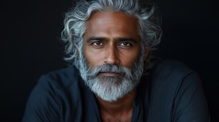 Obraz premium A distinguished man with flowing silver hair and a well-groomed beard gazes thoughtfully towards the viewer. His intense expression reflects a life rich in experiences, set against a dark backdrop