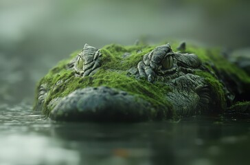 Obraz premium Close-Up of a Moss-Covered Crocodile Lurking in Calm Water, Showcasing Natural Camouflage in an Aquatic Habitat with Misty Background