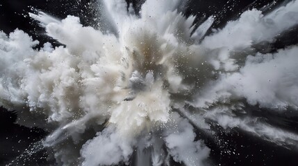 Dynamic, high-impact freeze-frame of white powder explosion bursting against a deep black backdrop, creating dramatic contrast and captivating visual texture.