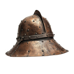 Antique Spanish conquistador helmet with rivets and aged patina, isolated on a transparent background.
