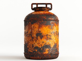 A rusted gas cylinder with an orange and black patina, showcasing age and wear, set against a plain background.