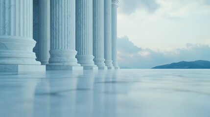 Serene Architectural Columns Against a Calm Sky and Reflective Water
