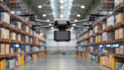 Warehouse data collection concept. A drone hovers over a warehouse aisle, surrounded by stacks of goods, showcasing modern logistics and inventory management technology.