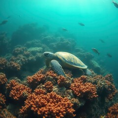  Turtle Resting on the Coral Reef Surrounded by Small Fish and Soft Sunlight, 2050