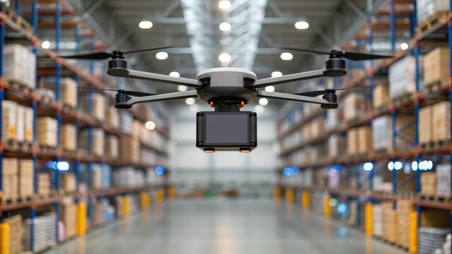 Warehouse data collection concept. A drone hovers over a warehouse aisle, surrounded by stacks of goods, showcasing modern logistics and inventory management technology.
