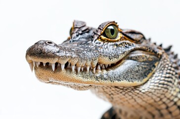 Fototapeta premium Close-Up of a Nile Crocodile Displaying Sharp Teeth and Intriguing Yellow Eyes on a Light Background in a Studio Environment