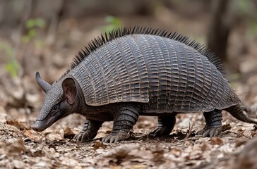 Obraz premium Close-up of a Native Armadillo Walking in a Forest Floor Surrounded by Leaves and Vegetation, Showcasing Its Unique Texture and Features in Natural Habitat