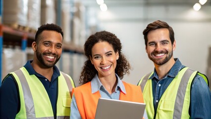 Warehouse data collection concept. A cheerful group of warehouse workers stands together, wearing safety vests, with one holding a tablet, showcasing teamwork and professionalism.