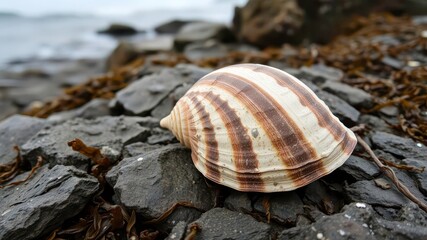 A Weathered Seashell with Rich Brown and Beige Stripes, Resting on Rough Seaweed Coated Rocks at the Water s Edge