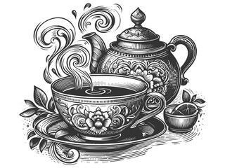 Tea Set with Teapot and Steaming Cup vector