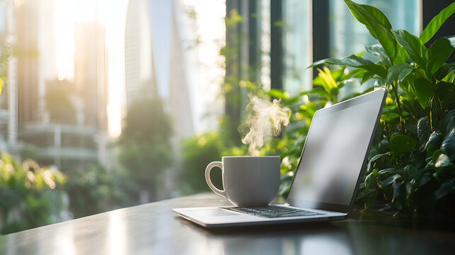 A minimalist outdoor caf&eacute; terrace in a busy city with a sleek laptop, coffee mug, and lush plants, surrounded by high-rise buildings reflecting sunlight. Blur effect in the backgraund