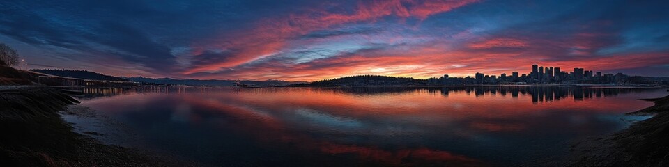 Obraz premium Seattle Sunrise: City Skyline Panorama with Mt Rainier and Clouds