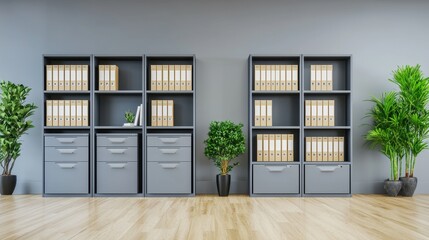 Obraz premium Modern Office Space with Grey Shelving and Green Potted Plants