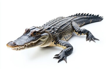 Fototapeta premium Close-Up of a Realistic Alligator on a White Background, Showcasing Detailed Scales, Sharp Teeth, and Fascinating Texture of Reptilian Skin