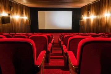 Fototapeta premium An interior view of a small movie theater featuring rows of vibrant red cushioned seats