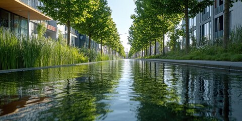 Obraz premium Wet road between buildings reflecting trees and sky.