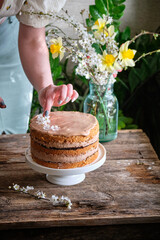 walnut cake with prunes and chocolate decorated with edible flowers. sprin.