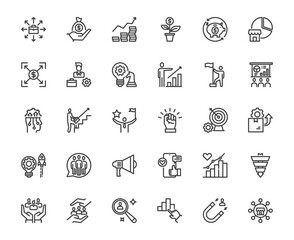 Simple vector outline icon set of growth business and related such strategy, financial, marketing on white transparent background, Investment and management using, 48x48 pixel perfect editable stroke