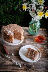 walnut cake with prunes and chocolate decorated with edible flowers. sprin.
