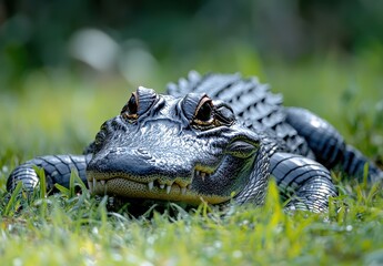 Fototapeta premium Close-Up of a Realistic Alligator Sculpture on Grass Under Natural Light in a Lush Outdoor Environment