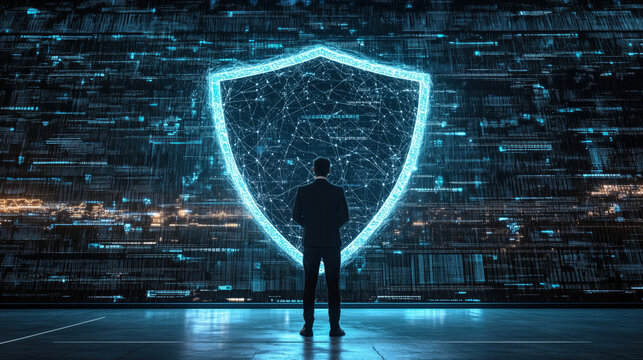 A corporate executive standing in front of a giant digital shield made of data streams, symbolizing next-gen cybersecurity