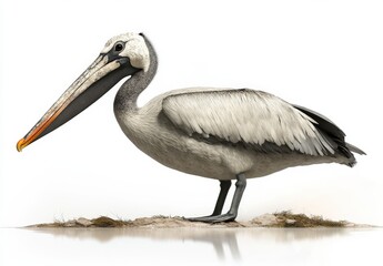 Obraz premium Elegant pelican standing gracefully on a sandy shore amidst a calm and serene environment