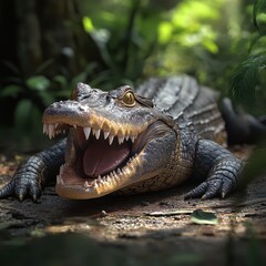 Obraz premium Close-Up of a Realistic Crocodile with Open Mouth Surrounded by Green Foliage in a Lush Natural Habitat Environment