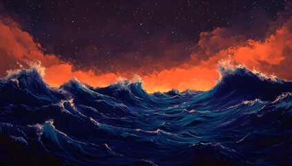 Fiery Sunset Over Turbulent Ocean Waves at Night
