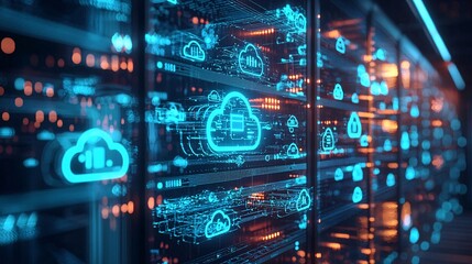 Fototapeta premium Digital Cloud Technology and Data Visualization in Server Room