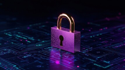 A golden padlock rests on a circuit board surface