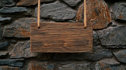 Rustic Wooden Sign Hanging on Stone Wall with Natural Texture