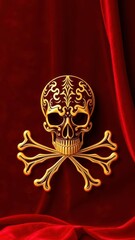  Intricate gold skull and bones design on a rich red velvet backdrop