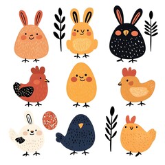Naklejka premium A set of cartoon birds with one of them holding an egg