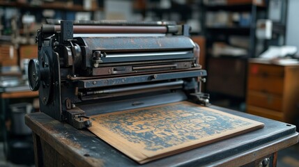 Fototapeta premium Historic industrial printing press in action vintage workshop detailed view retro environment unique concept