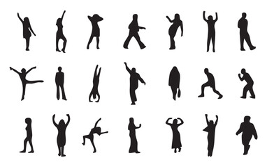 Silhouettes of dancing people, sport poses, women and men