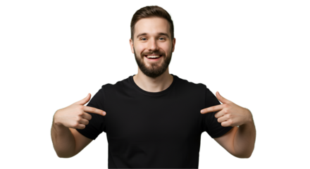 Mockup black shirt on a transparent PNG. The man is pointing to the middle of the shirt to reinforce the message