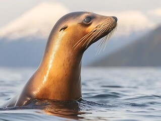 Fototapeta premium A sea lion gazes above the water surface with mountain backdrop