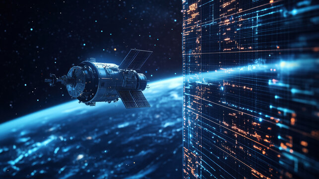 A space station cybersecurity defense system protecting intergalactic communications, sci-fi cyberwarfare theme