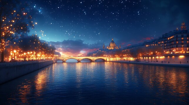 A hyper-realistic view of the Seine River in Paris, reflecting the vibrant lights of nearby bridges and buildings under a starlit night sky, with soft ripples and a peaceful ambiance. --ar 16:9