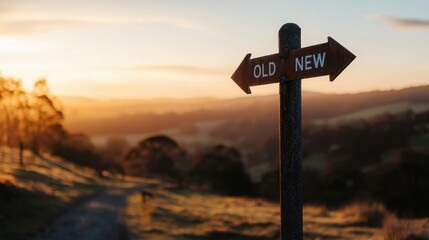 Signpost Indicating Old and New Directions During Sunset Landscape